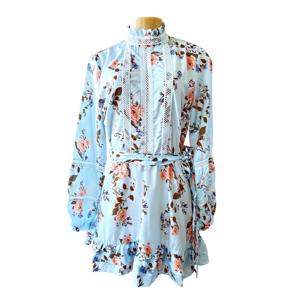 EillyBazar Medium Blue Floral Lace Trim Mini Dress Ruffle Hem Belted